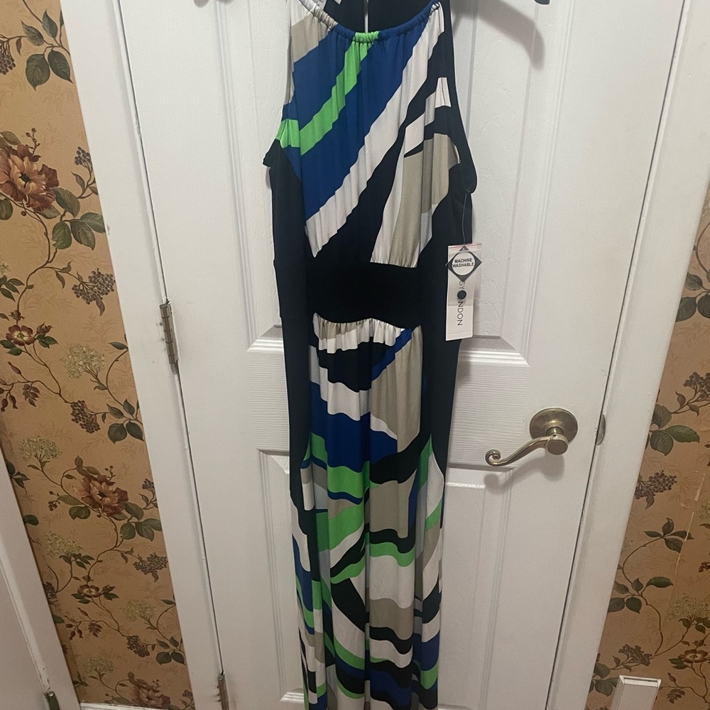 Maggy London Blue and Green Patterned Maxi Dress